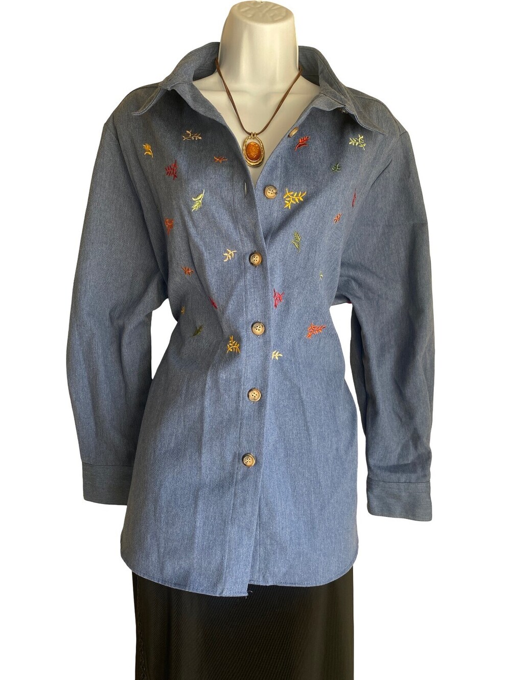 VTG BonWorth XL Petite Embroidered Denim Tunic Blouse Button Up Fall Cowgirl Top